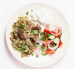 Image showing Beef with freekeh meal from above