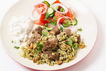 Image showing Beef with freekeh high angle view
