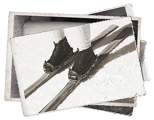 Image showing Old photos Vintage skis and boots