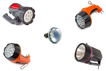 Image showing Electric lights and an electric light bulb on white background.