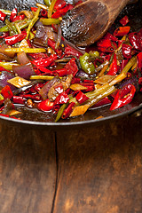 Image showing fried chili pepper and vegetable on a wok pan