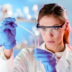 Image showing Attractive young scientist pipetting.