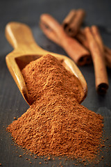 Image showing Wooden scoop with ground cinnamon