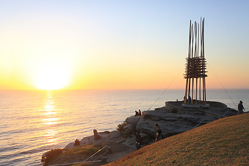 Image showing Sunrise Bondi beach and Save Our Souls sculpture