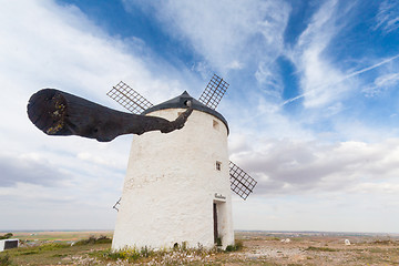 Image showing Vintage windmills in La Mancha.