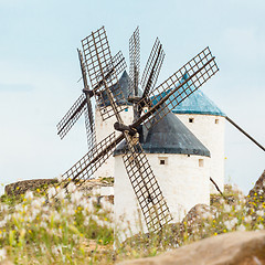 Image showing Vintage windmills in La Mancha.