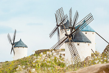 Image showing Vintage windmills in La Mancha.