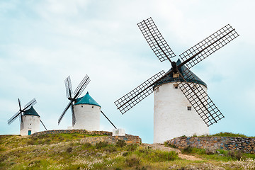 Image showing Vintage windmills in La Mancha.