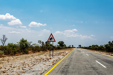 Image showing Endless road with blue sky and sign elephants crossing