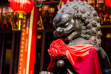 Image showing Chinese ancient buildings in front of the stone lions 