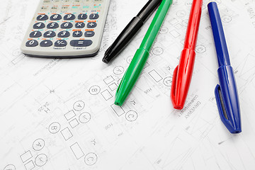 Image showing Architectural blueprint and calculator 