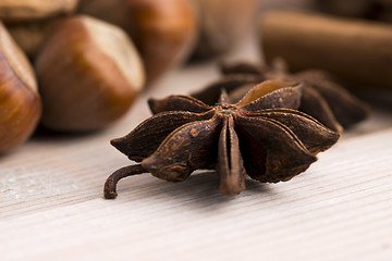 Image showing Different kinds of spices, nuts and dried oranges - christmas de