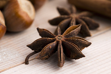 Image showing Different kinds of spices, nuts and dried oranges - christmas de