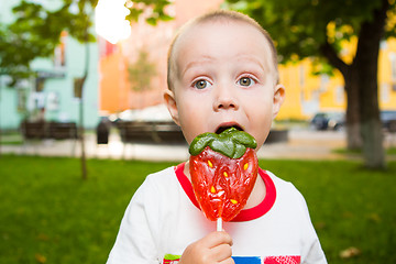 Image showing young boy with colorful lollipop