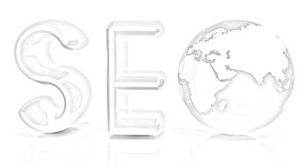 Image showing 3d illustration of text 'SEO' with earth globe, symbol