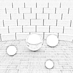 Image showing Abstract futuristic interior. Brick scene with chrome sphere and