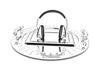 Image showing Phone and headphones on metal tray 