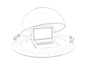 Image showing Restaurant cloche and laptop with open lid 