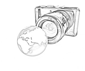 Image showing 3d illustration of photographic camera and Earth