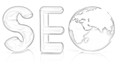 Image showing 3d illustration of text 'SEO' with earth globe, symbol