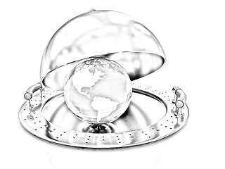 Image showing Earth globe on glossy golden salver dish under a golden cover