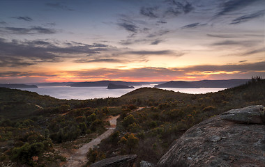 Image showing Box Head views to Broken Bay and Pittwater after sunset