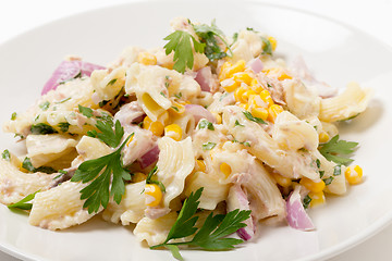 Image showing Tuna sweetcorn pasta salad closeup