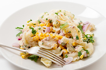 Image showing Plate of tuna and sweetcorn pasta salad