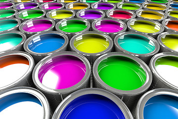 Image showing Multiple open paint cans.
