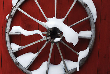 Image showing wooden wheel on red wall with snow