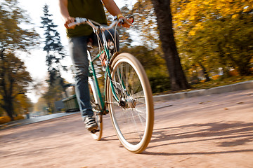 Image showing Man with bicycle riding country road