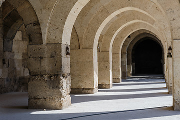 Image showing arches and columns in Sultanhani caravansary on Silk Road, Turkey