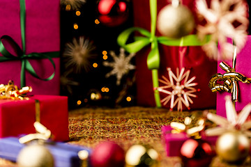 Image showing Christmas Background with Baubles, Bows and Boxes