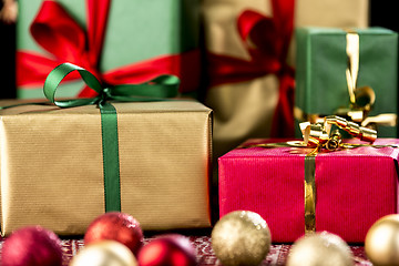 Image showing Xmas Gifts in Red, Green and Gold