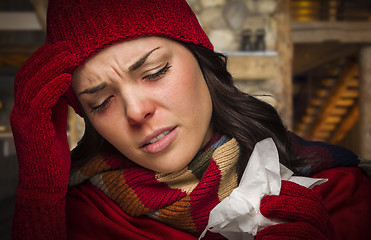 Image showing Sick Woman Inside Cabin With Tissue