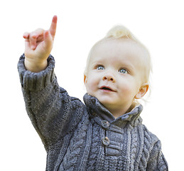 Image showing Cute Little Boy In Sweater Pointing On White