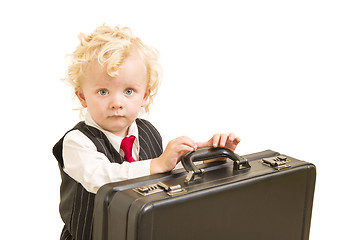 Image showing Boy in Vest Suit and Tie with Briefcase On White