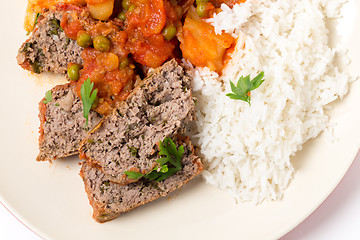 Image showing Meatloaf meal with rice from above