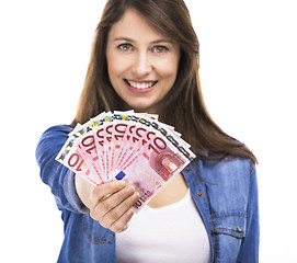 Image showing Woman holding some Euro currency notes