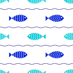 Image showing Seamless nautical pattern with fish and waves.