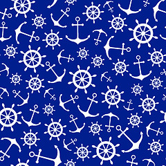 Image showing Seamless nautical pattern with scattered white anchors and ship 