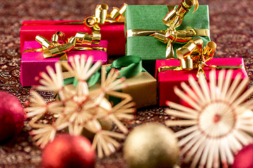 Image showing Five Xmas Gifts with Ornaments