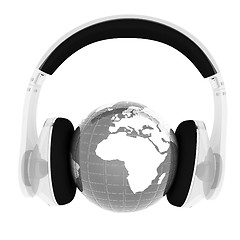 Image showing Blue earth with headphones from transparent plastic. World music