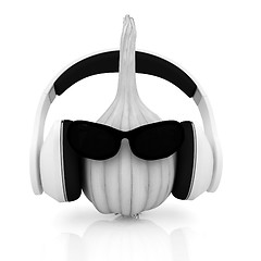 Image showing Head of garlic with sun glass and headphones front 