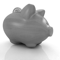 Image showing Wooden piggy bank and falling coins