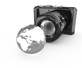 Image showing 3d illustration of photographic camera and Earth