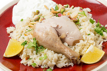 Image showing Chicken pilaf and yoghurt meal