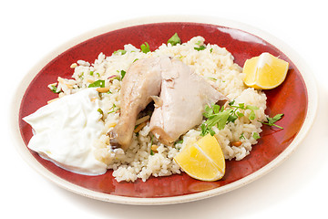 Image showing Mediterranean chicken pilaf meal