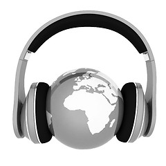 Image showing World music 3D render of planet Earth with headphones 