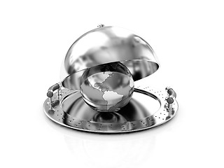 Image showing Earth globe on glossy salver dish under a cover